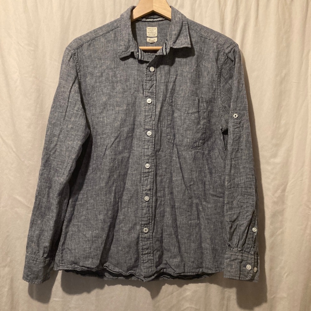 Giordano Mens Slim Fit Linen Cotton Blend Button Down Shirt Blue Grey Medium
